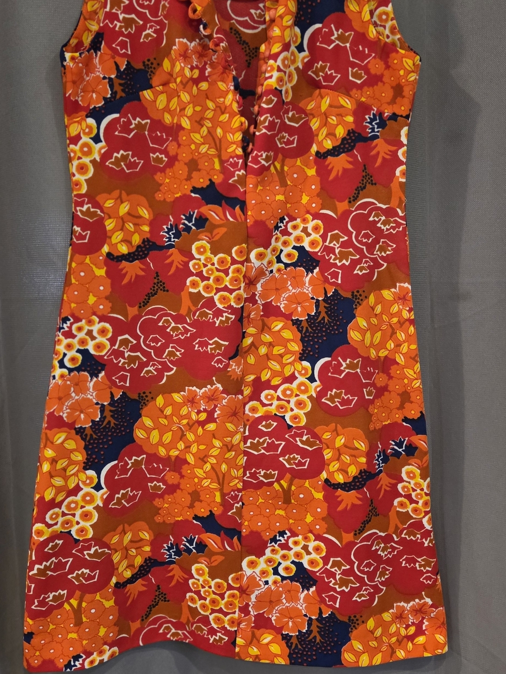 Vintage Vibrant Floral A-Line Dress in Red, Orange & Navy